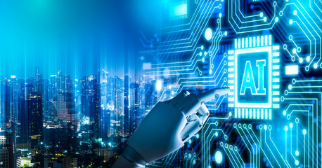 Robot finger,icon AI(Artificial Intelligence) ,robotic future technology and business concept.Robot finger on blurred background using digital artificial intelligence interface.