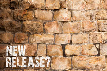 Text sign showing New Release Question. Business photo text asking about recent product or service newly unleashed Brick Wall art like Graffiti motivational call written on the wall