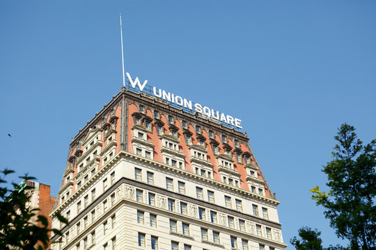 New York, New York, USA - May 12, 2011: The top of the W New York Hotel at Union Square in Manhattan. W Hotels is a luxury hotel chain with several locations.