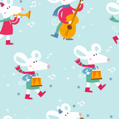 Christmas seamless pattern. Endless background with mice