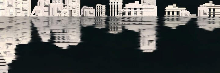 City reflextion in night, black and white background, illustration,panorama cityscape