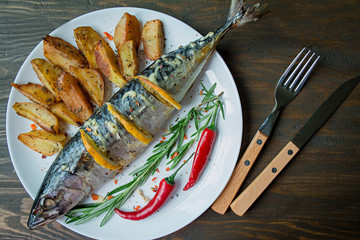 Fried mackerel served on a plate, decorated with spices, herbs and vegetables. Proper nutrition. View from above. Dark wooden background.