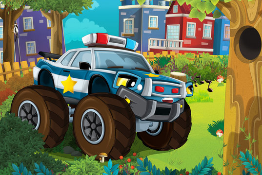 cartoon scene in the city with police car driving through the park patrolling - illustration for children © honeyflavour
