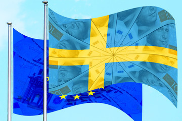Sweden and EU financial cooperation concept. Swedish and European Union flags overlaid with banknotes patterns wave on poles on sky background. Krone and Euro monetary policy