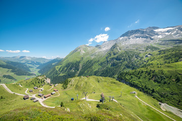 Fototapeta na wymiar Scenic view of valley and mountains of Tuxer Alpen in the european Alps, Tirol, Austria