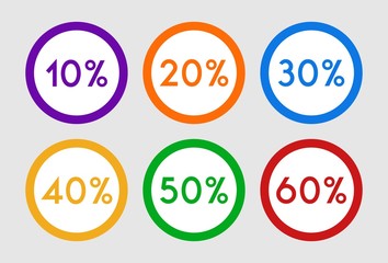 Percentage sign icon set vector,from 10 to 60
