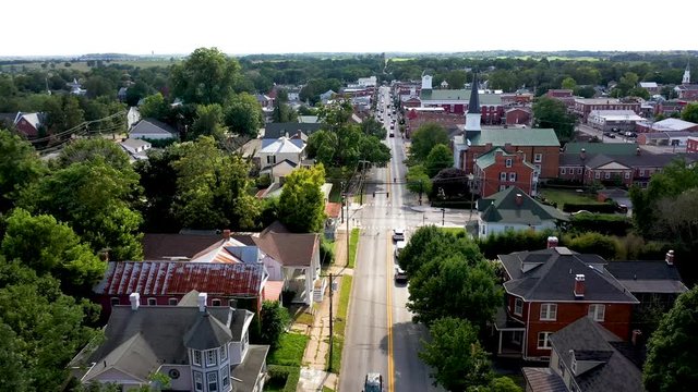 Fast aerial descent with view of county courthouse in Charles Town, West Virginia.