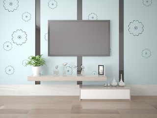 Mock up a stylish living room with a large modern TV and a trendy bright background.