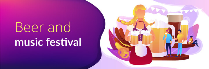 Pretty girl with beer mugs and tiny business people at festival talking and drinking. Beer fest, street brewing, beer and music festival concept. Header or footer banner template with copy space.