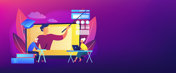 Webinar, Internet lesson. Distance university tutor, educator. Online learning for seniors, online courses for seniors, additional education concept. Header or footer banner template with copy space.