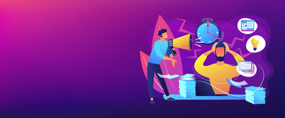 Exhausted, frustrated worker, burnout. Boss shout at employee, deadline. How to relieve stress, acute stress disorder, work related stress concept. Header or footer banner template with copy space.