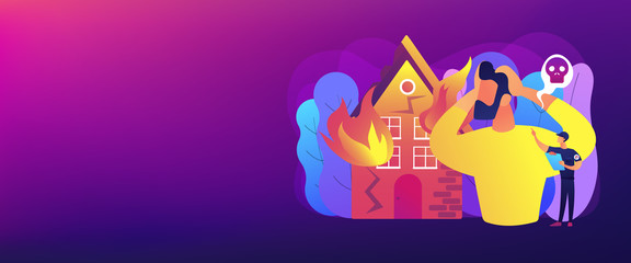 Demolished house in flame, natural disaster. Uninsured burnt property damages. Fire consequences, fire hazards losses, fire victims found concept. Header or footer banner template with copy space.