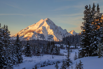 Sunset on mount Nestor in Spray Valley Provincial park in Kananaskis, Alberta, Canada