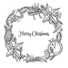 Christmas wreath with poinsettia, fir branches and toys. Hand drawn outline vector  illustration of New Year decorations