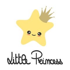 cute hand drawn lettering little princess slogan with cartoon star with crown vector illustration for kids poster and baby room decor