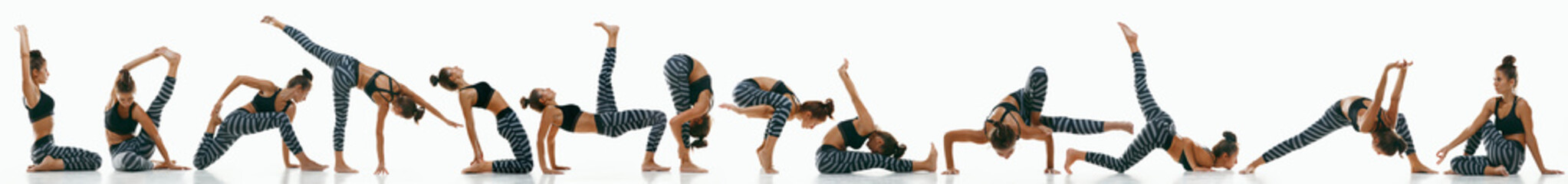Sporty young woman doing yoga practice on white studio background. Fit flexible model practicing. Concept of healthy lifestyle and natural balance between body and mental development. Creative collage