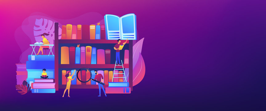 Reading books, encyclopedias. Students studying, learning. Public library events, free tutoring and workshops, library homework help concept. Header or footer banner template with copy space.