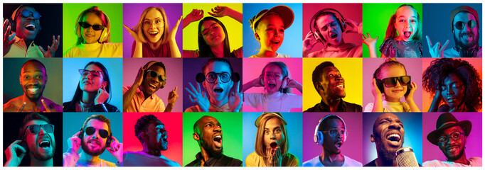 Fototapeta na wymiar Beautiful people portrait isolated on bright neon light backgroud. Young, smiling, surprised, screaming. Human emotions, facial expression. Creative collage made of different photos of 12 models.