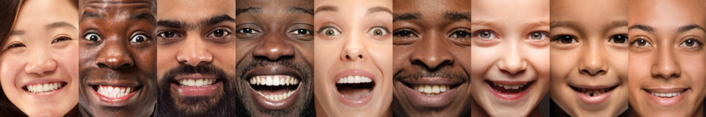 Close up portrait of young people. The human emotions, facial expression concept. Models of different ethnicities looking at camera and smiling, laughting, look happy. Creative collage for your ad.