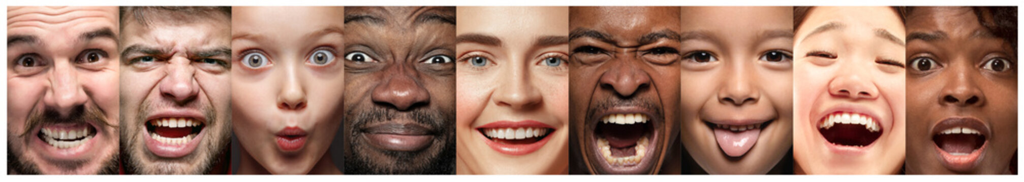 Close up portrait of young people. The human emotions, facial expression concept. Models of different ethnicities looking at camera and smiling, screaming, angry and happy. Creative collage for your