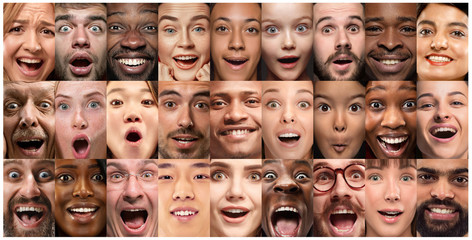 Close up portrait of young people. Human emotions, facial expression. People wondered, astonished, screaming and crazy in happiness, thinking. Creative collage made of different photos of 26 models.