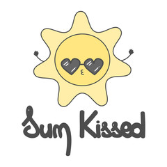 cute hand drawn lettering sun kissed phrase with cartoon sun funny summer concept vector illustration