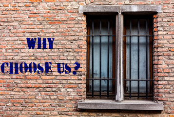 Text sign showing Why Choose Us Question. Business photo text list of advantages and disadvantages...