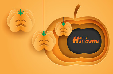 Happy Halloween. Design with pumpkin hanging on orange background. paper art style. Vector.