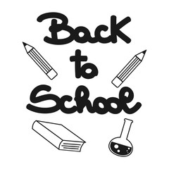 cute hand drawn lettering back to school quote with education equipment  vector illustration