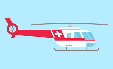 Ambulance helicopter. Red medical evacuation helicopter. Healthcare, hospital and medical diagnostics. Urgency and emergency services. Vector illustration in flat style