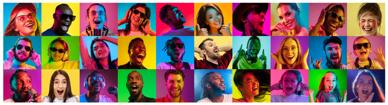 Beautiful male and female portrait on multicolored neon light backgroud. Smiling, surprised, screaming. Human emotions, facial expression. Creative collage made of different photos of 16 models.
