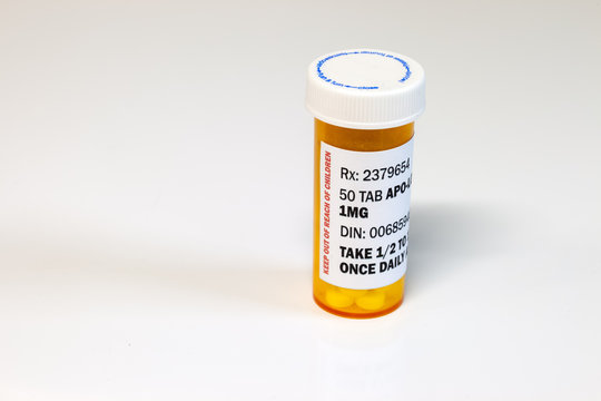 Prescription bottle with Lorezapam on a white background. Lorezapam is a generic prescription anti-anxiety medication. A concept for mental health.