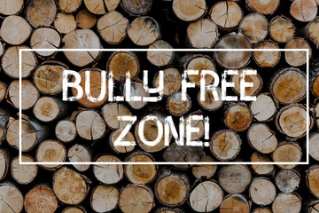 Conceptual hand writing showing Bully Free Zone. Concept meaning creating abuse free school college life Wooden background vintage wood wild message ideas thoughts