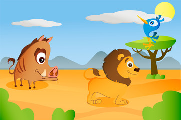 set of animals wild boar, lion, bird on a background of Africa