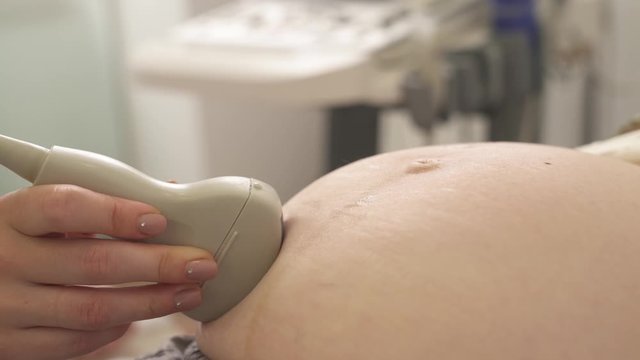 Close-up of gynecologists hand holding ultrasound probe with sonographic gel while doing ultra sound check-up to a pregnant woman. Prenatal medicine