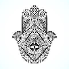 Hamsa print design. Aztec towel, yoga mat. Vector lace Henna tattoo style. Can be used for textile