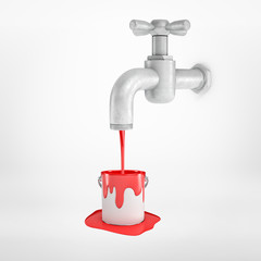 3d rendering of silver metal tap with red paint pouring into metal bucket on white background