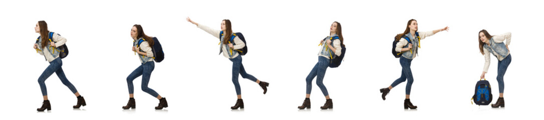 Obraz premium Pretty girl with rucksack isolated on white