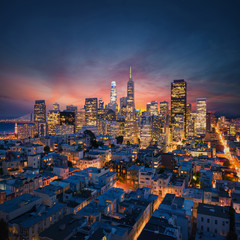San Francisco Downtown at sunrise. California famous city at sunrise. Bay Bridge and Port of San...