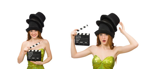 Woman with movie clapboard isolated on white