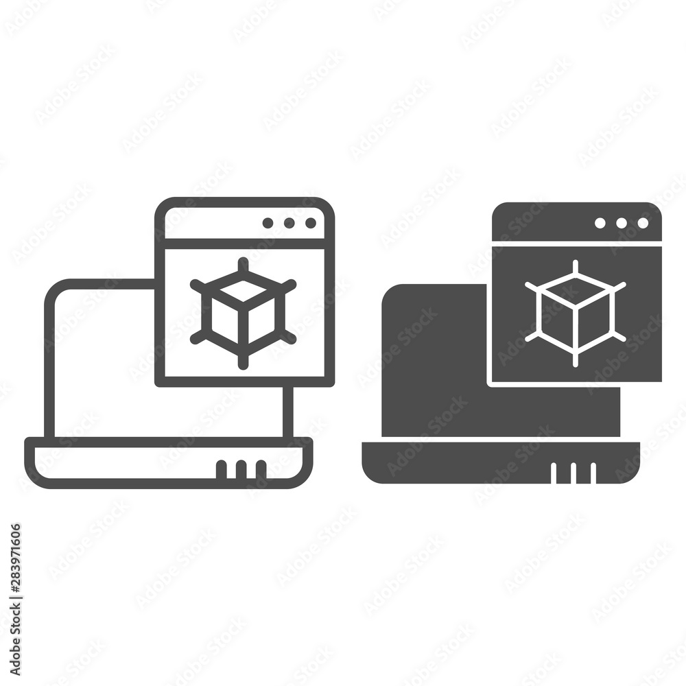 Poster 3d modelling line and glyph icon. laptop with 3d project vector illustration isolated on white. 3d d