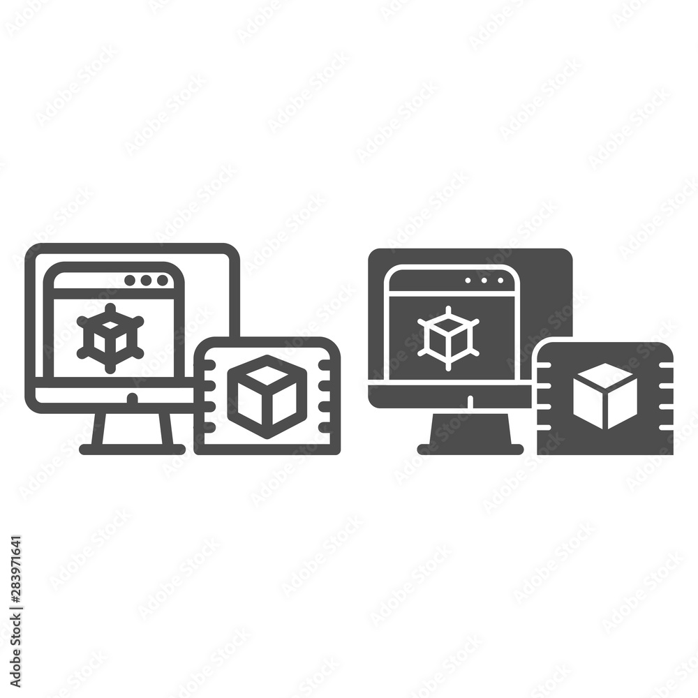 Poster 3d design on computer line and glyph icon. pc monitor with 3d project vector illustration isolated o
