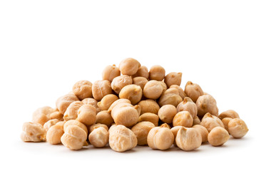 Pile chickpeas close-up on a white background. Isolated