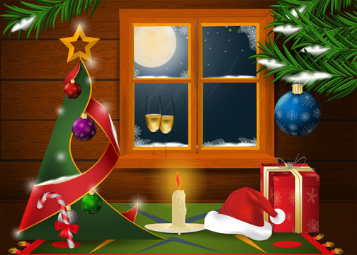 Christmas and 4 new year interior in a wooden room with a window and a view of the moonlit night with fir branches, toys