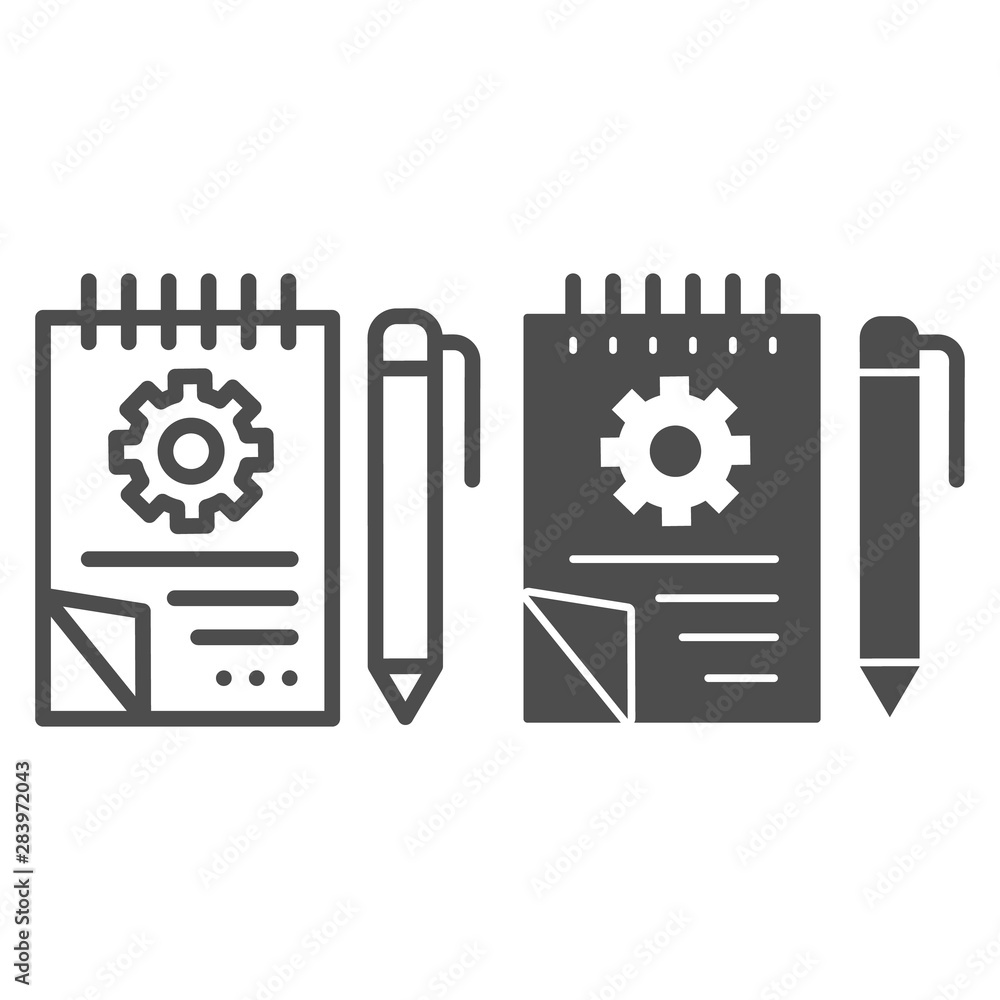 Poster notebook with pencil line and glyph icon. notepad with drawn project vector illustration isolated on