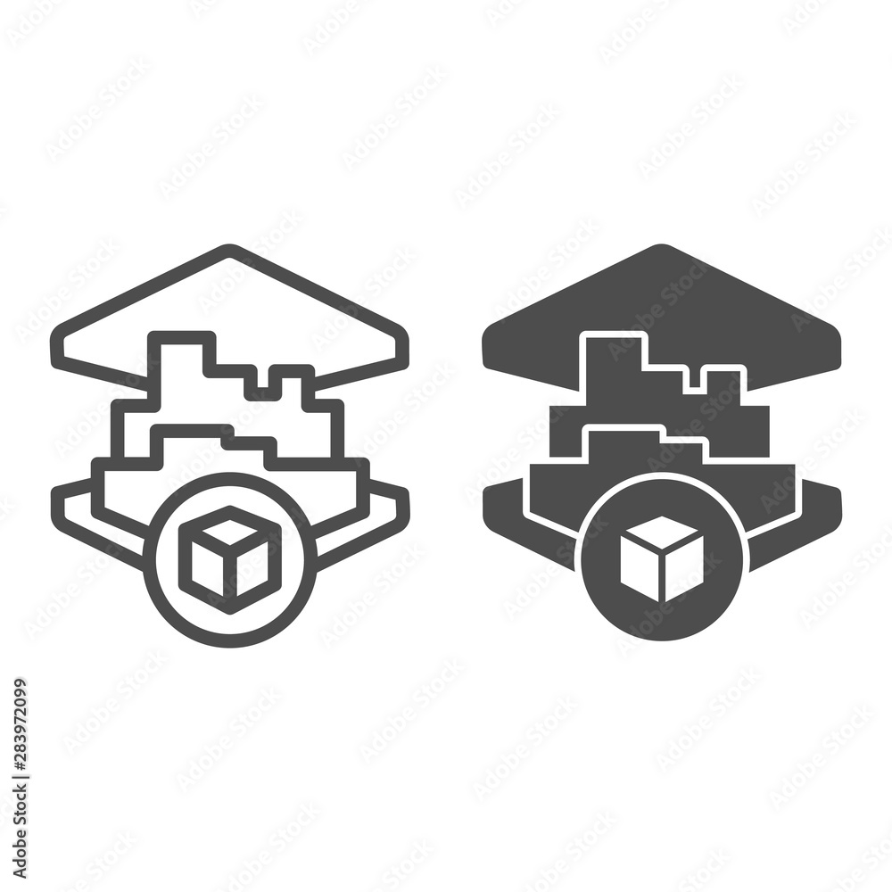 Poster 3d printing building line and glyph icon. 3d house printing vector illustration isolated on white. 3