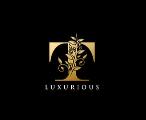 Golden T Letter Luxury Logo. Vintage Letter T With Floral Shape design perfect for fashion, Jewelry, Beauty Salon, Hotel Logo. Cosmetics, Spa Logo. Resort and Restaurant Logo. 