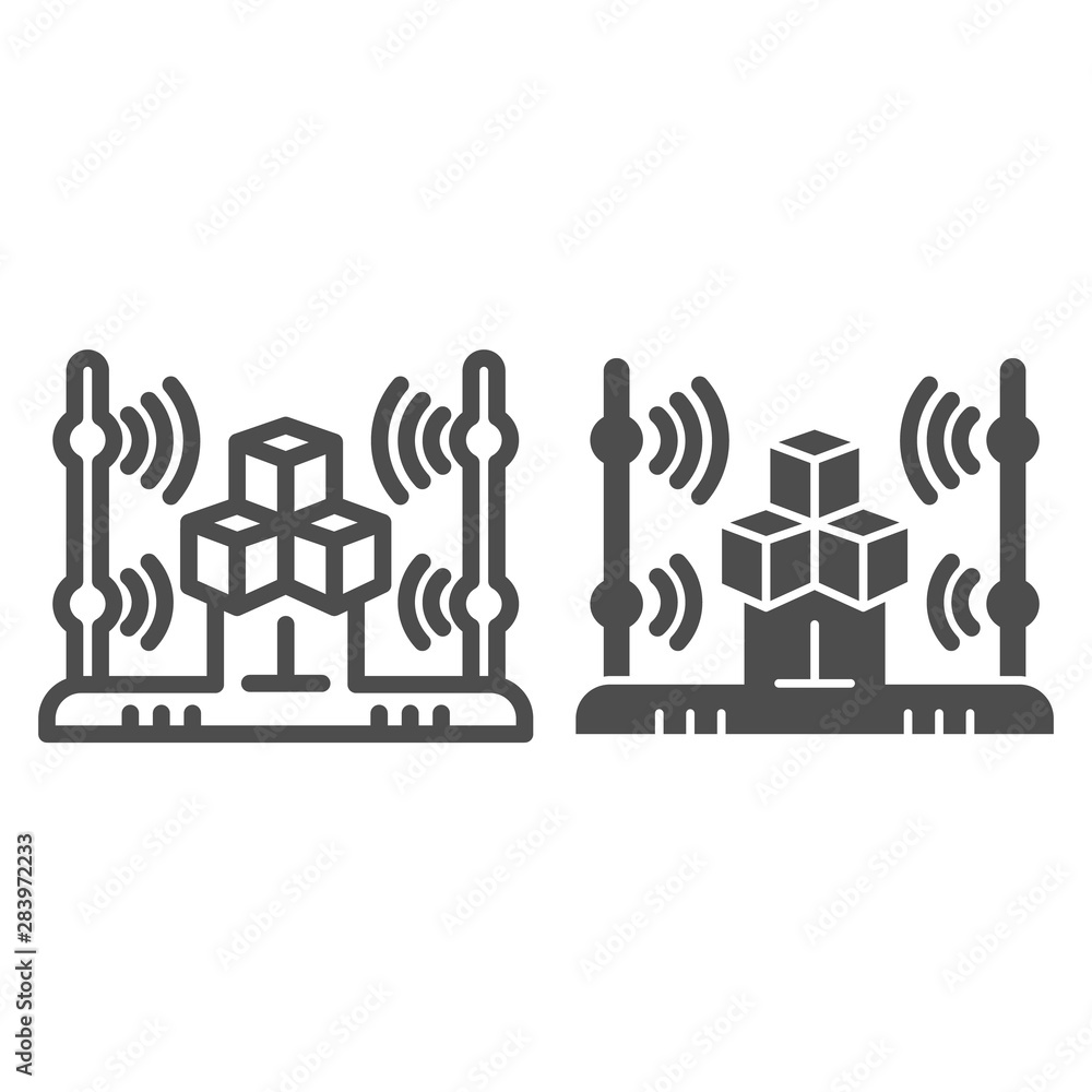 Poster 3d scanning system line and glyph icon. 3d cube scan vector illustration isolated on white. 3d scann