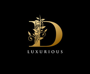 Golden D Letter Luxury Logo. Vintage Letter D With Floral Shape design perfect for fashion, Jewelry, Beauty Salon, Hotel Logo. Cosmetics, Spa Logo. Resort and Restaurant Logo. 