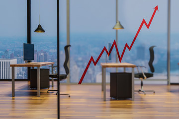 red rising stock market graph on glas wall in modern office workplace, conceptual startup company 3D Illustration